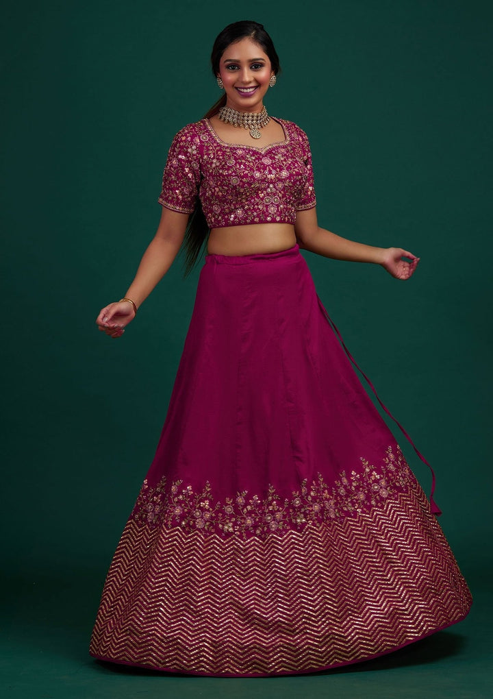 Rani Pink Threadwork Raw Silk Designer Lehenga - Koskii