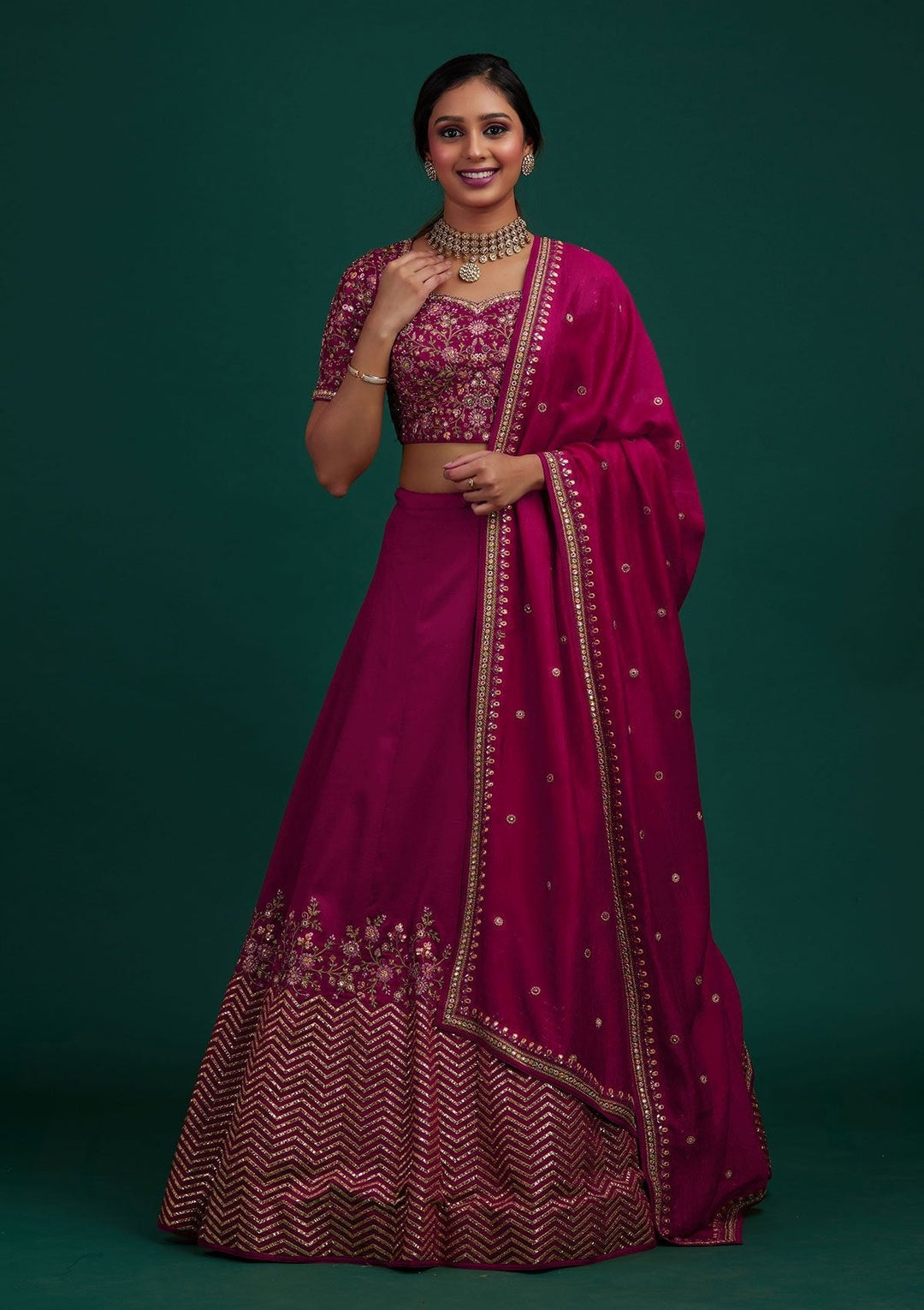 Rani Pink Threadwork Raw Silk Designer Lehenga - Koskii