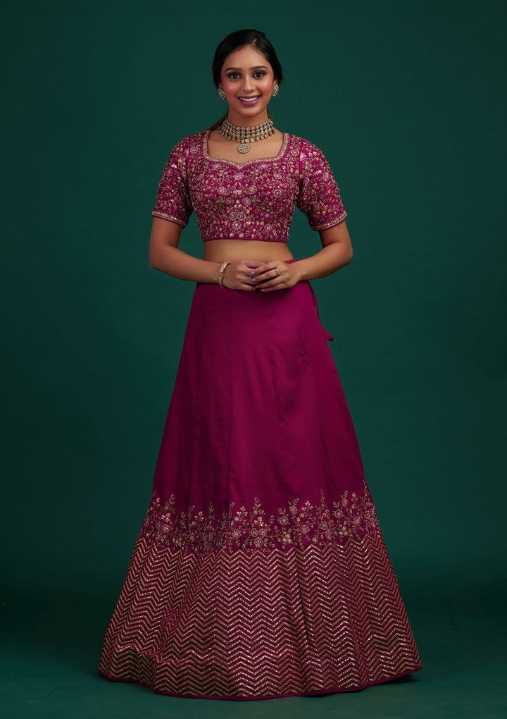 Rani Pink Threadwork Raw Silk Designer Lehenga - Koskii