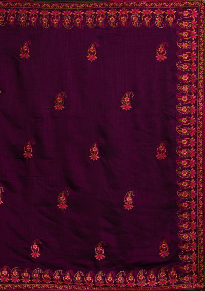 Wine Threadwork Raw Silk Designer Saree - koskii