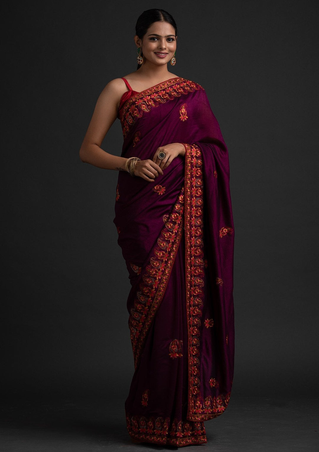 Wine Threadwork Raw Silk Designer Saree - koskii