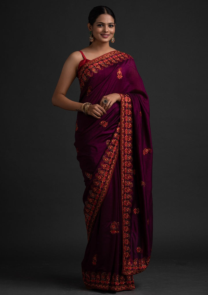 Wine Threadwork Raw Silk Designer Saree - koskii