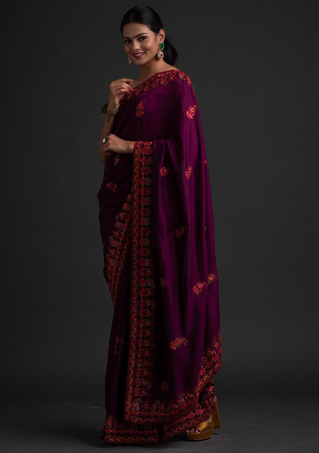 Wine Threadwork Raw Silk Designer Saree - koskii