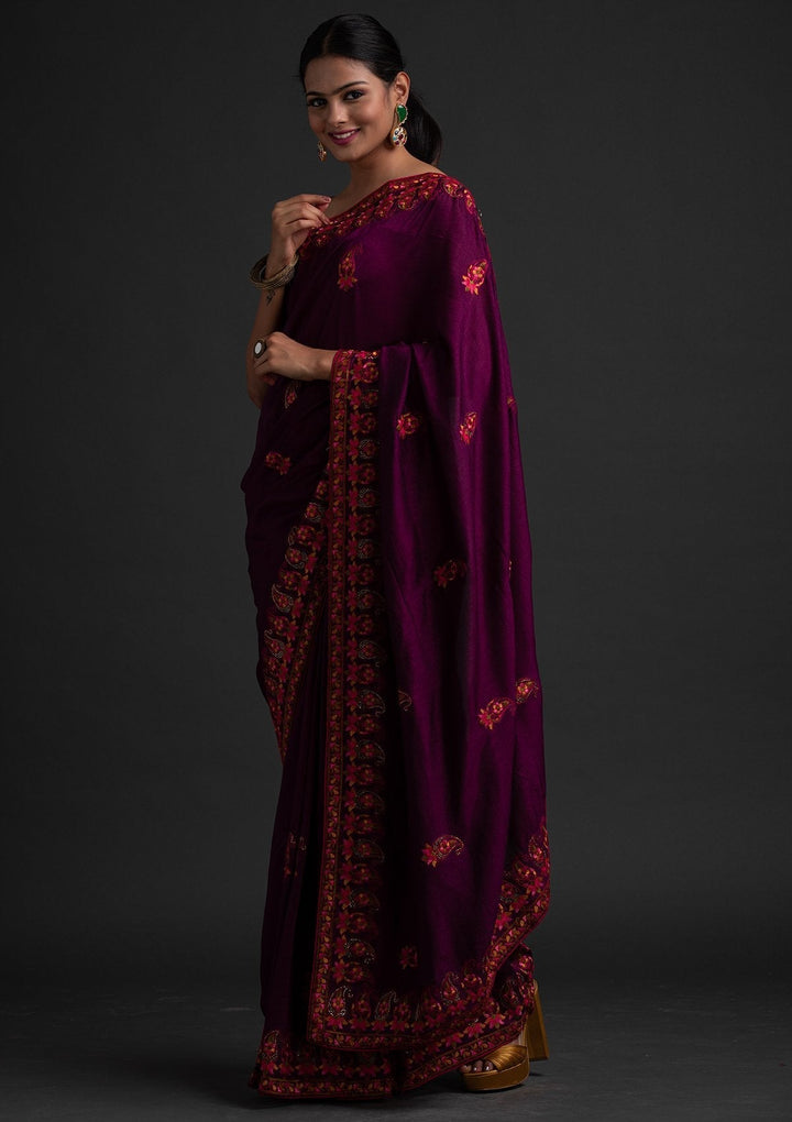 Wine Threadwork Raw Silk Designer Saree - koskii