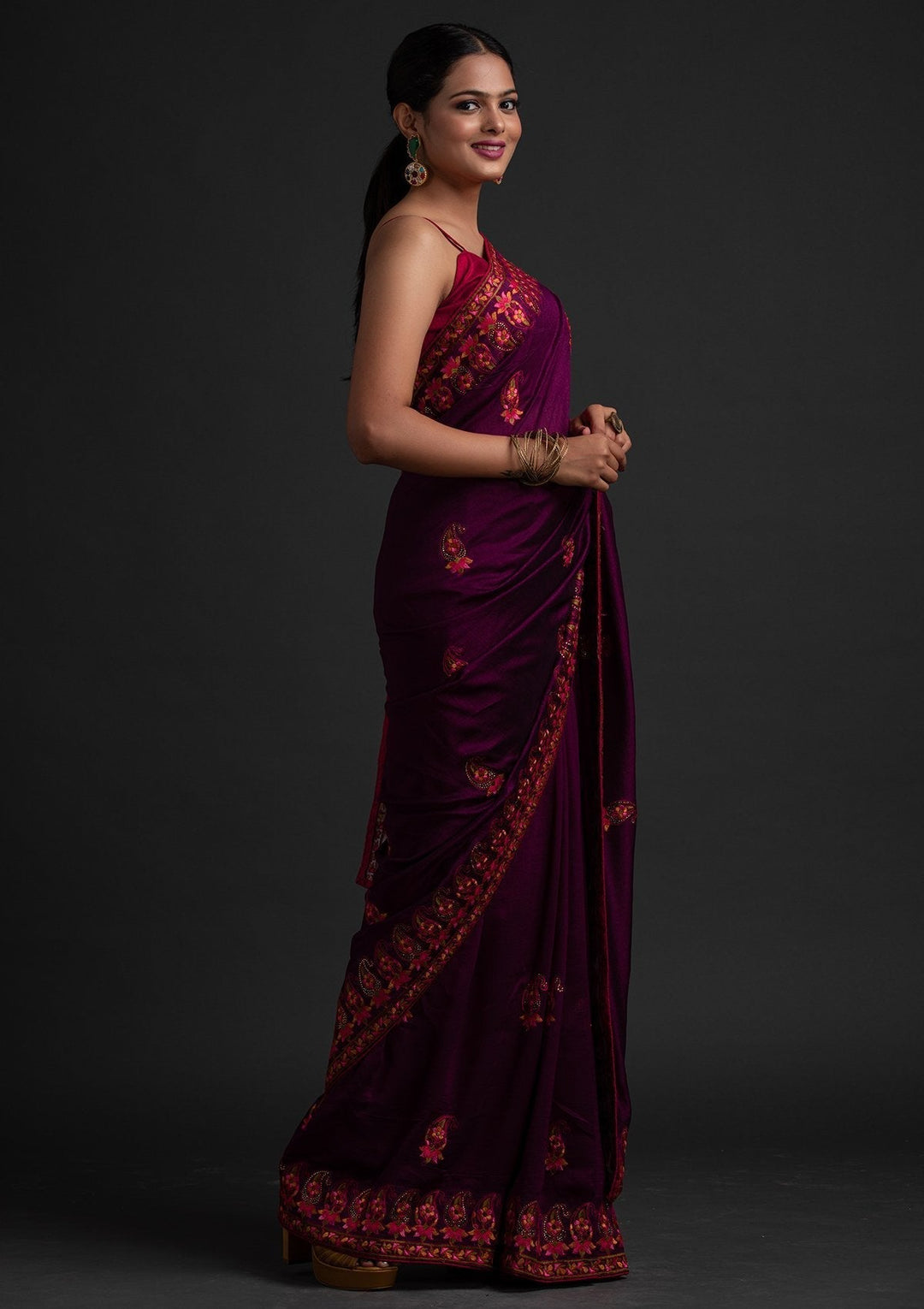 Wine Threadwork Raw Silk Designer Saree - koskii