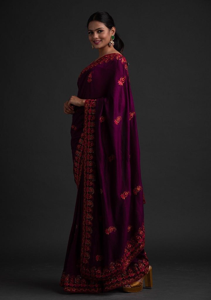 Wine Threadwork Raw Silk Designer Saree - koskii