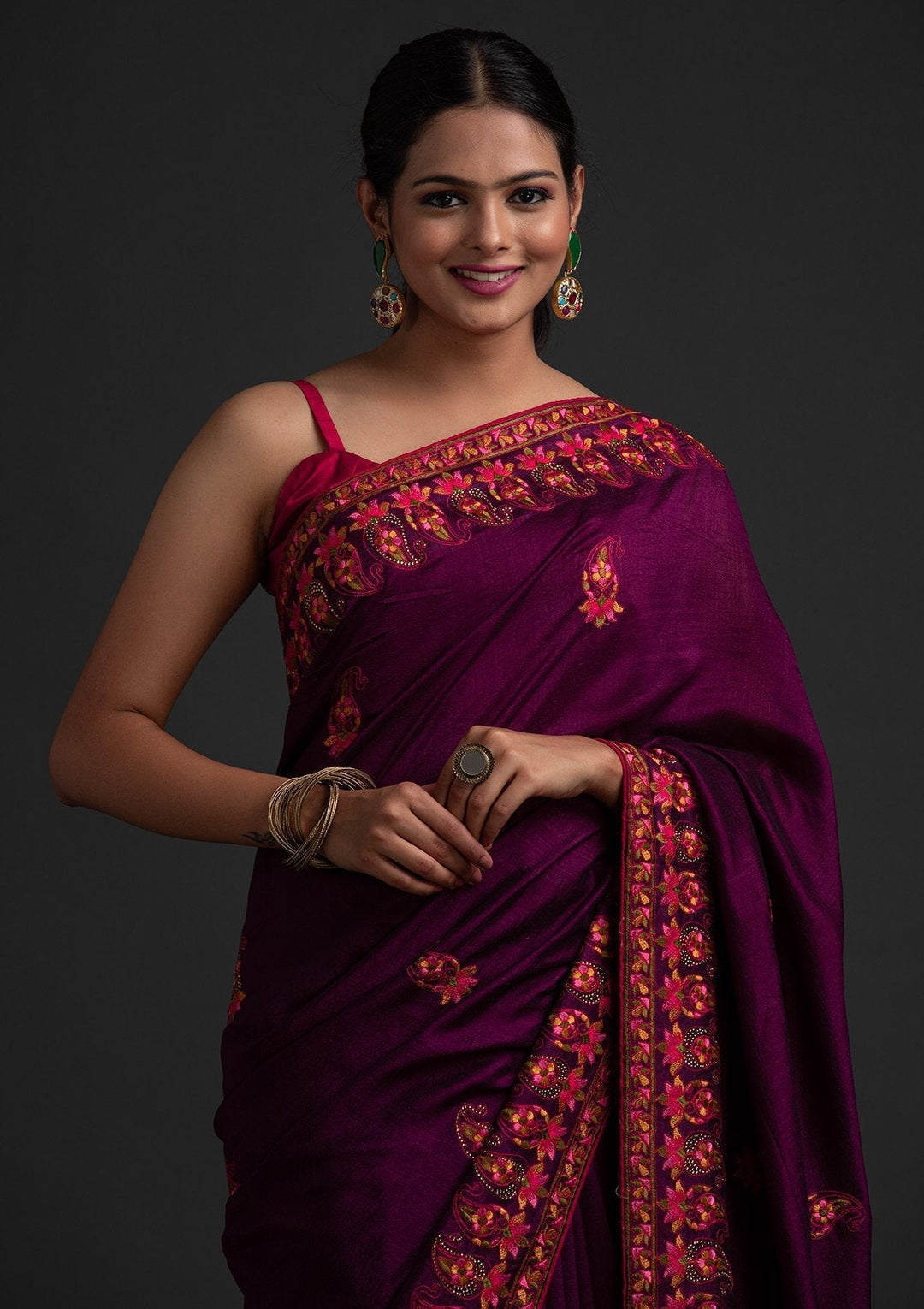 Wine Threadwork Raw Silk Designer Saree - koskii