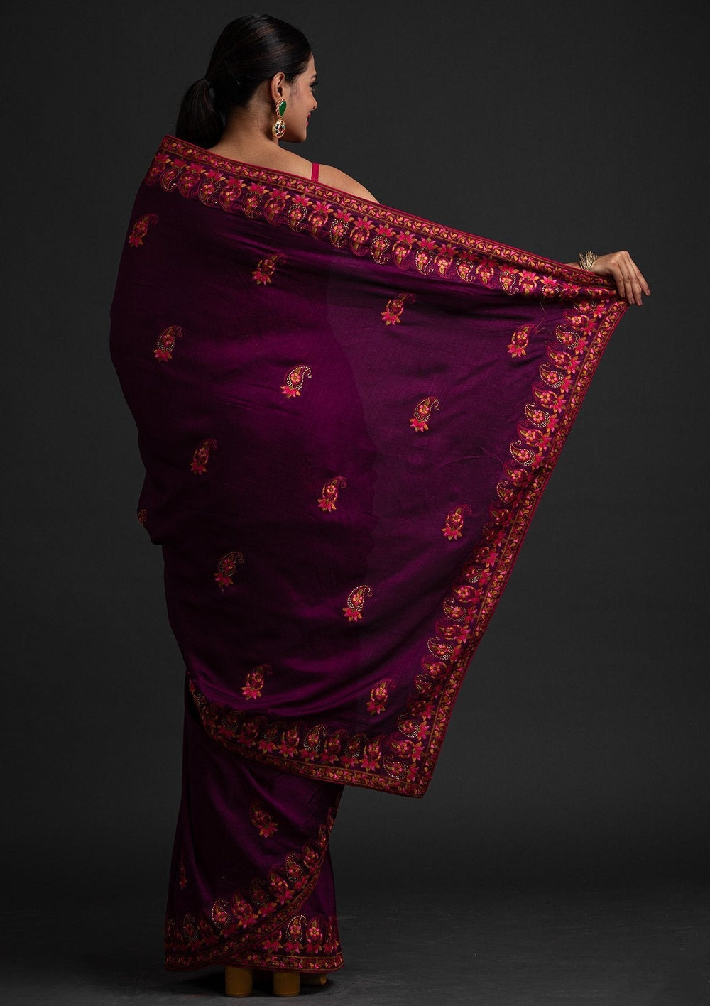 Wine Threadwork Raw Silk Designer Saree - koskii