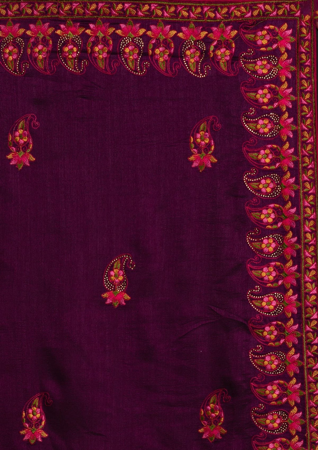 Wine Threadwork Raw Silk Designer Saree - koskii