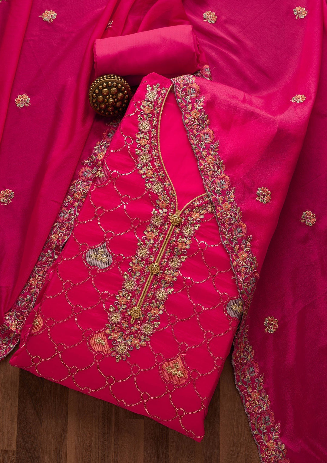 Rani Pink Threadwork Semi Crepe Unstitched Salwar Suit-Koskii