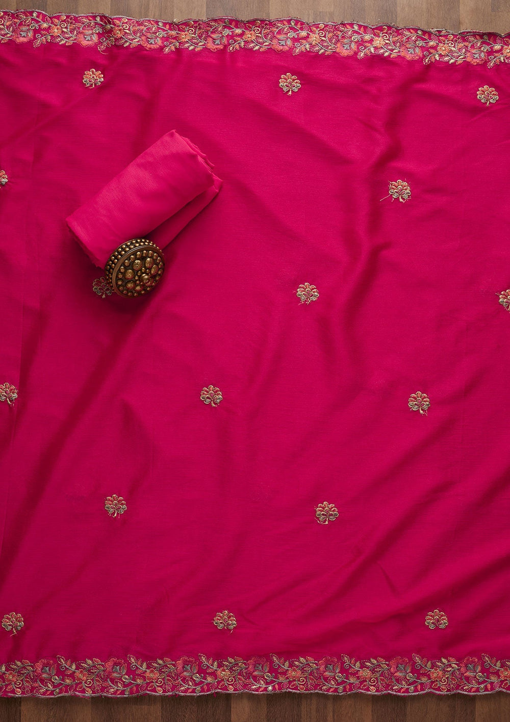Rani Pink Threadwork Semi Crepe Unstitched Salwar Suit-Koskii