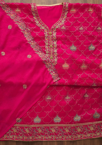 Rani Pink Threadwork Semi Crepe Unstitched Salwar Suit-Koskii