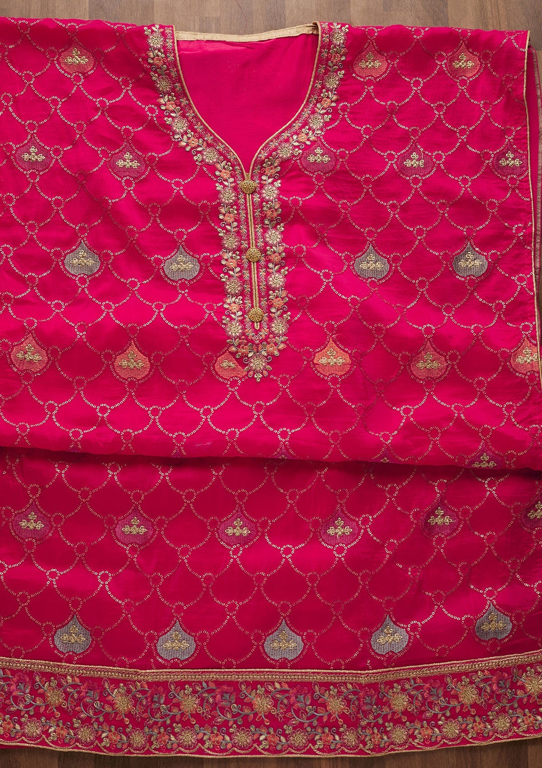 Rani Pink Threadwork Semi Crepe Unstitched Salwar Suit-Koskii
