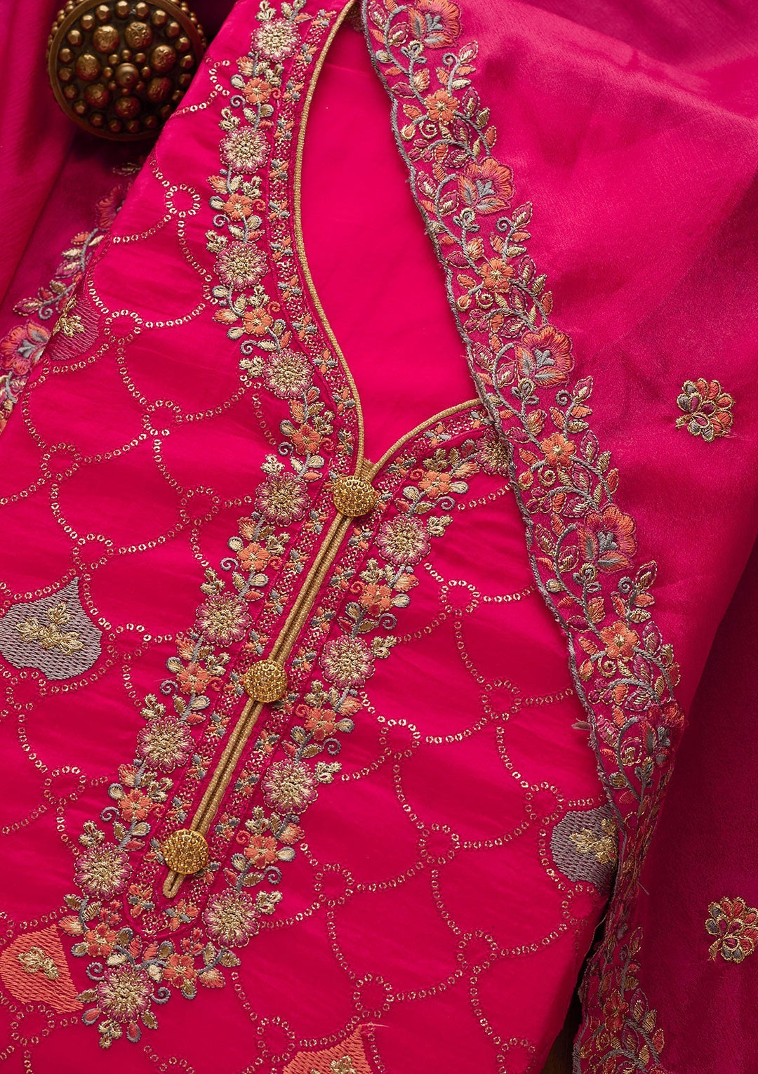 Rani Pink Threadwork Semi Crepe Unstitched Salwar Suit-Koskii