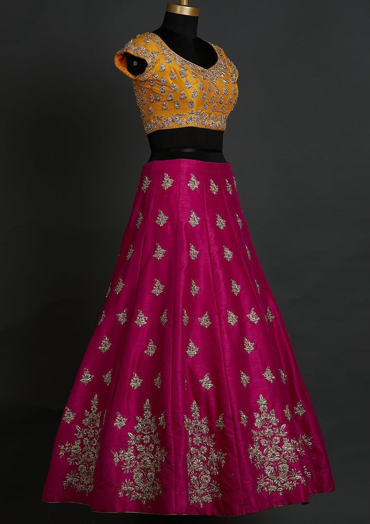 Rani Pink Zardosi Raw Silk Designer Lehenga - koskii