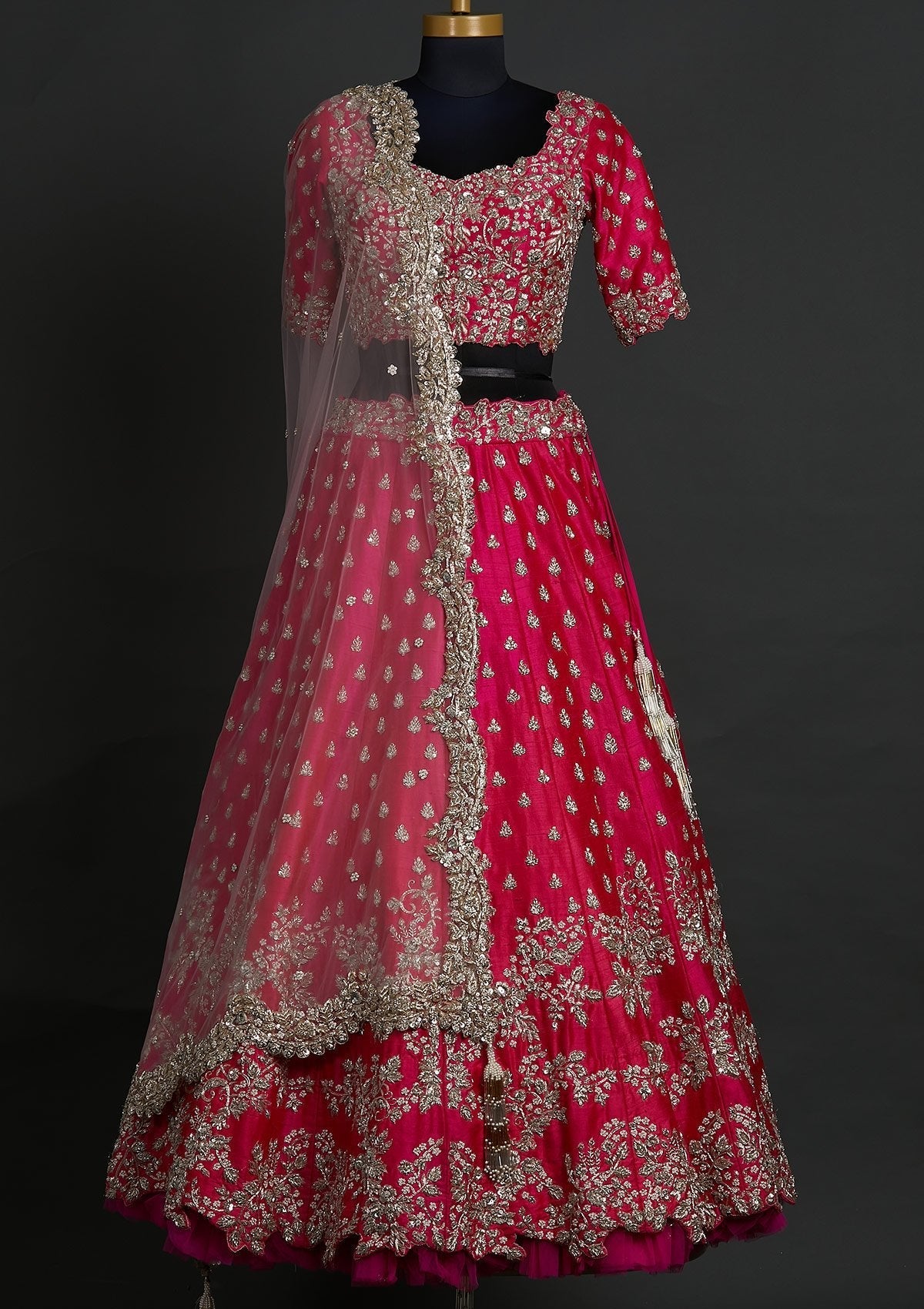 Rani Pink Zardosi Raw Silk Designer Lehenga - koskii