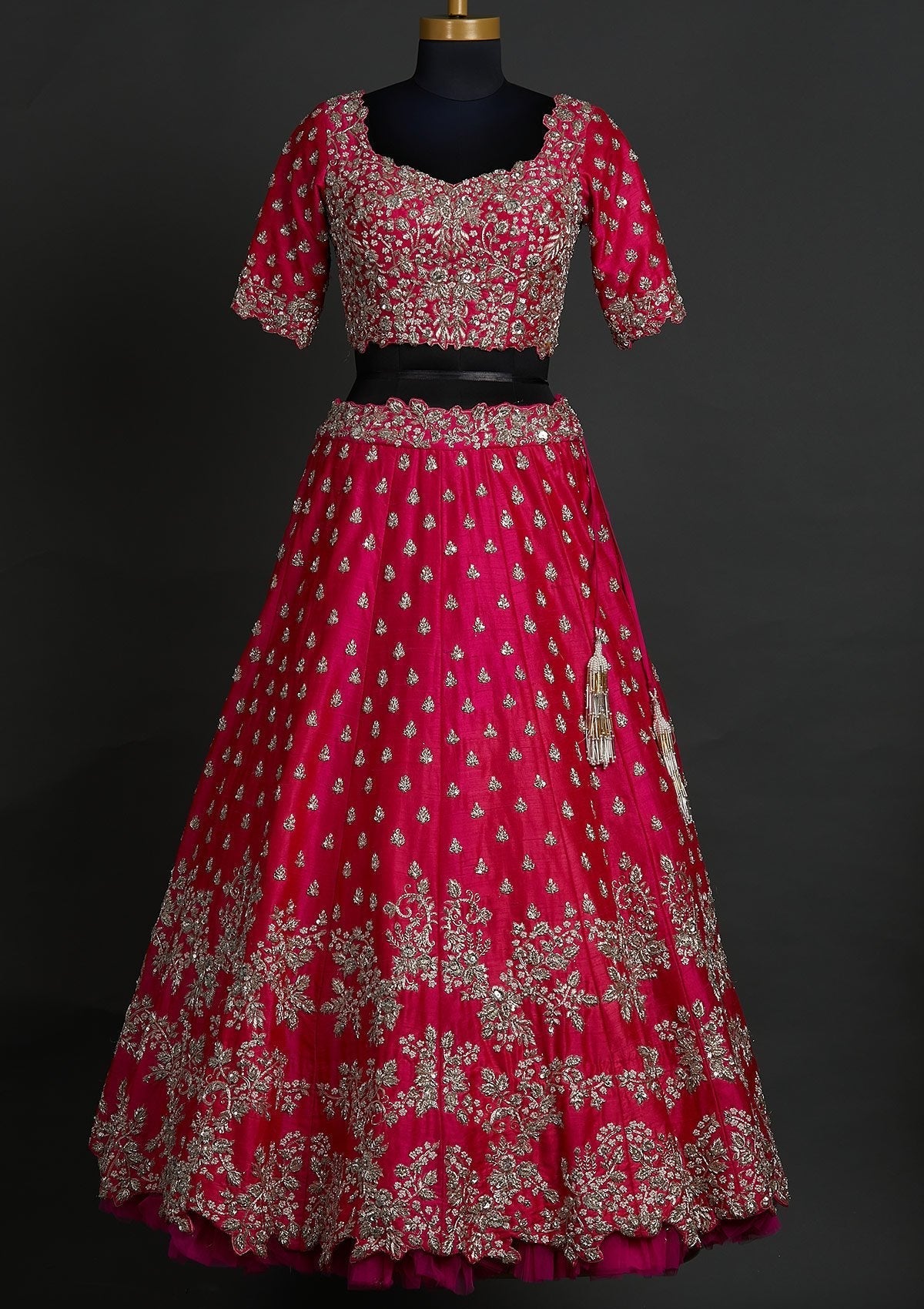 Rani Pink Zardosi Raw Silk Designer Lehenga - koskii