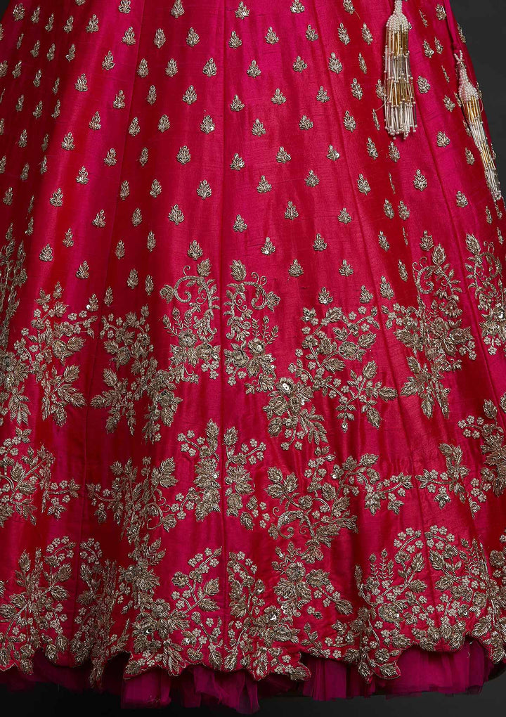 Rani Pink Zardosi Raw Silk Designer Lehenga - koskii