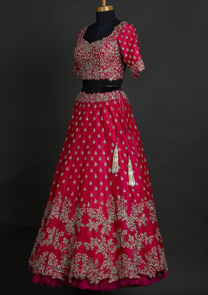 Rani Pink Zardosi Raw Silk Designer Lehenga - koskii