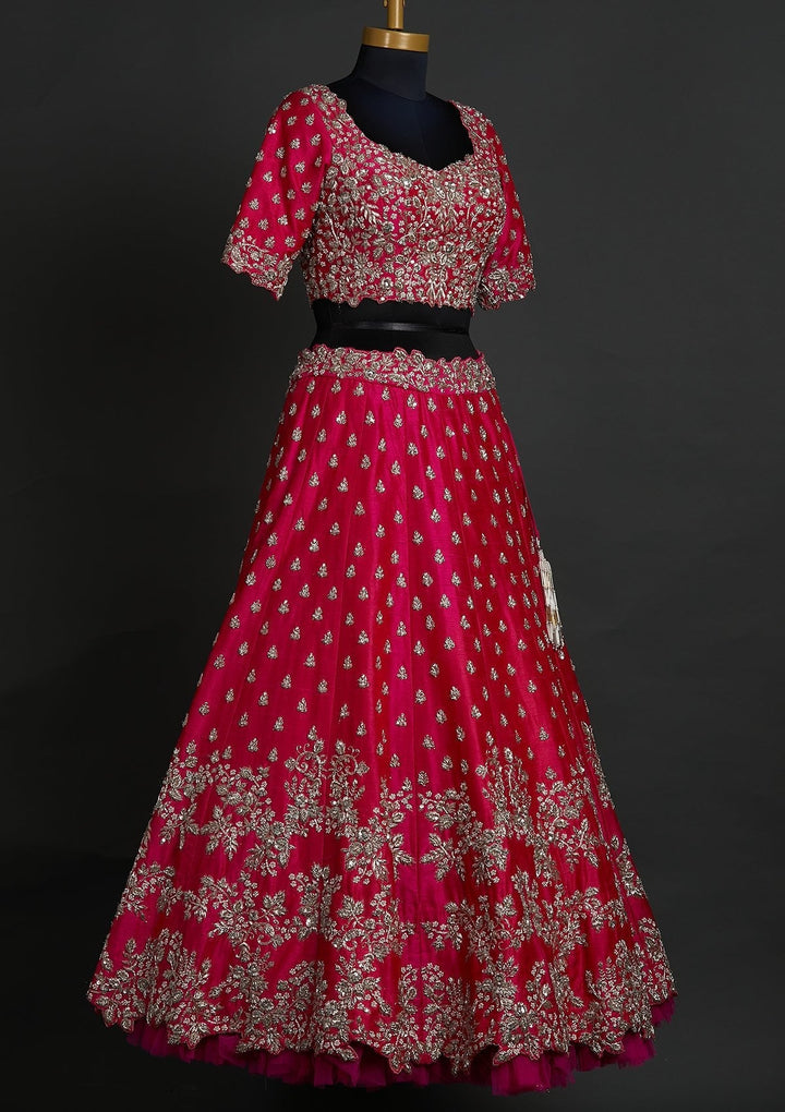 Rani Pink Zardosi Raw Silk Designer Lehenga - koskii