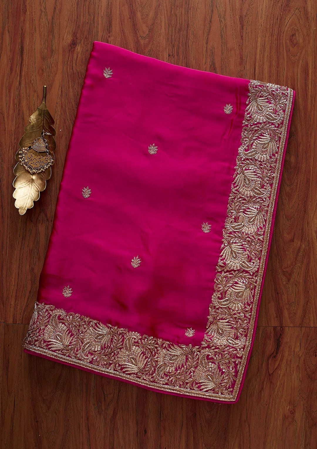 Rani Pink Zardosi Satin Designer Saree - koskii