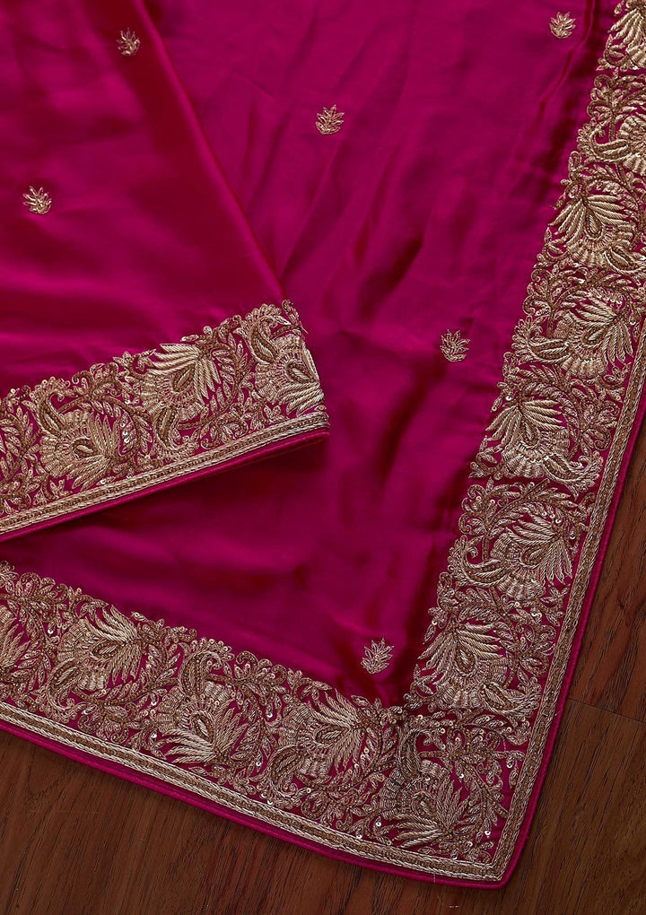 Rani Pink Zardosi Satin Designer Saree - koskii