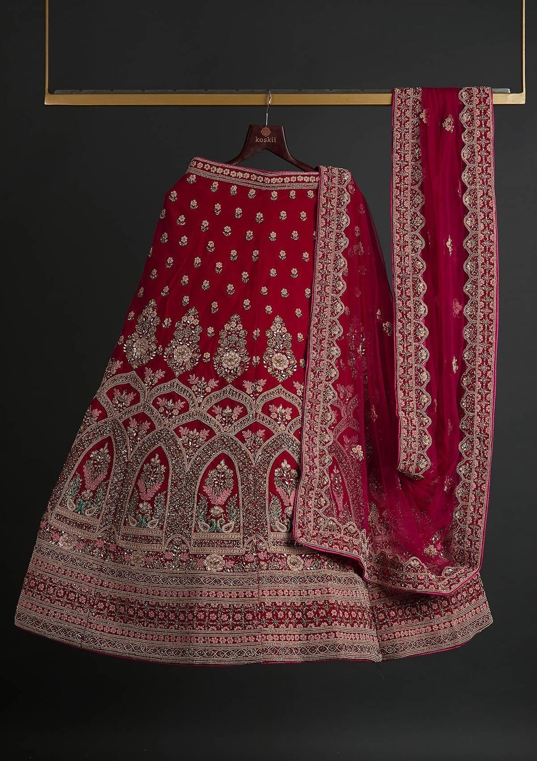Rani Pink Zardosi Velvet Designer Semi-Stitched Lehenga - koskii