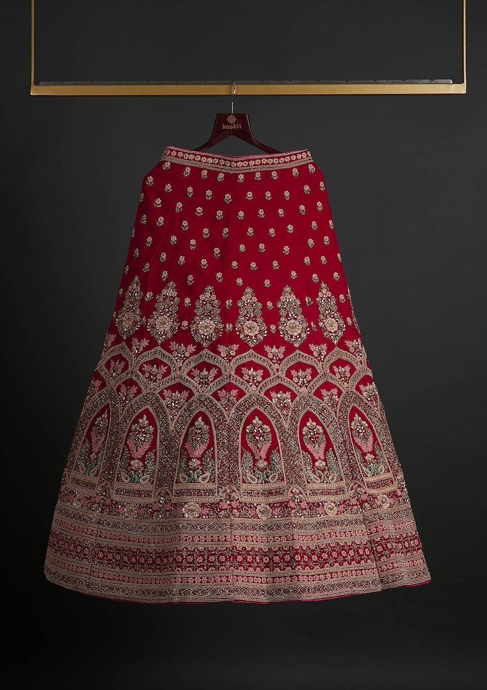Rani Pink Zardosi Velvet Designer Semi-Stitched Lehenga - koskii