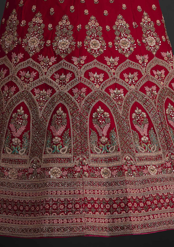Rani Pink Zardosi Velvet Designer Semi-Stitched Lehenga - koskii
