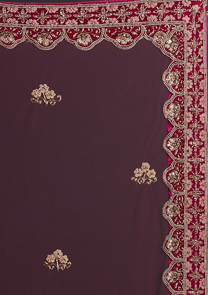 Rani Pink Zardosi Velvet Designer Semi-Stitched Lehenga - koskii