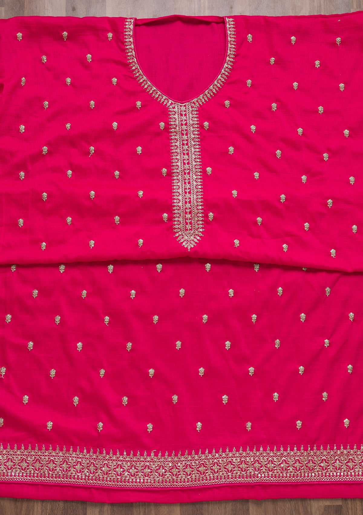 Rani Pink Zariwork Art Silk Semi-Stitched Salwar Suit-Koskii