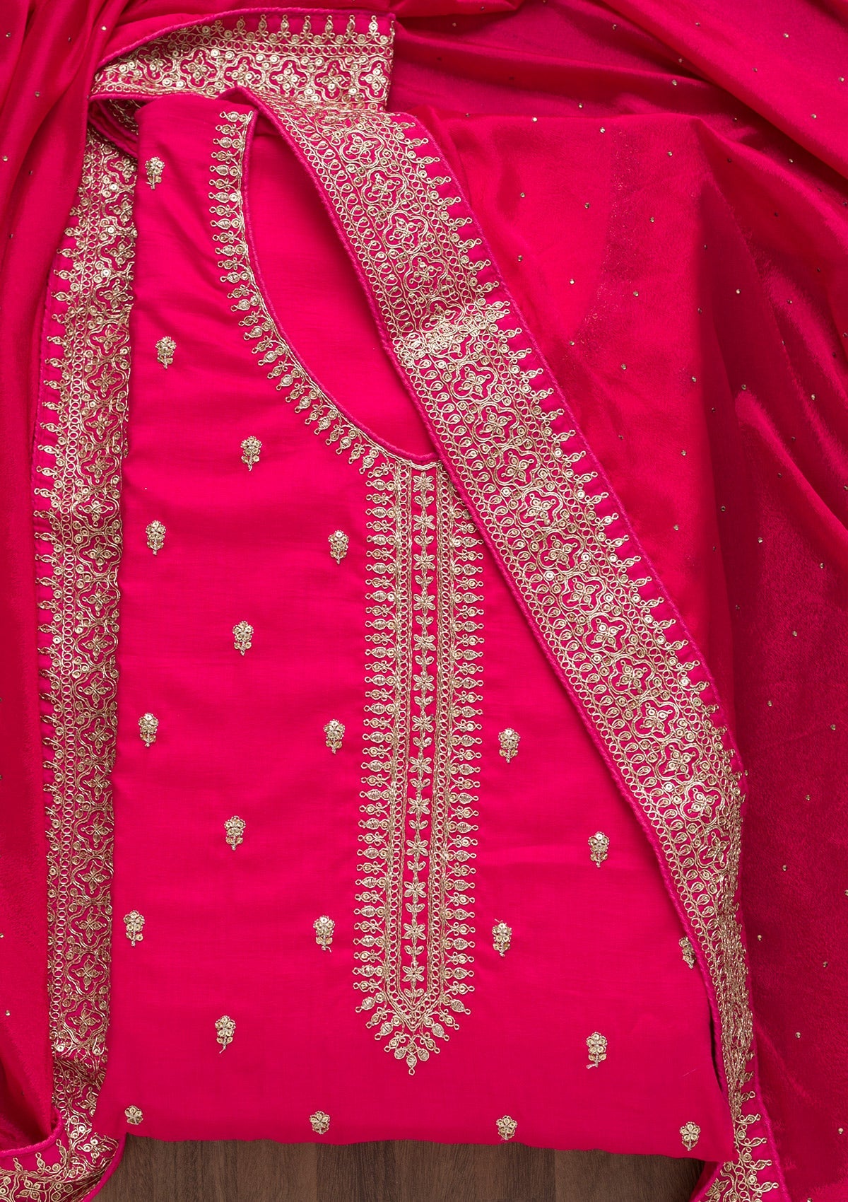 Rani Pink Zariwork Art Silk Semi-Stitched Salwar Suit-Koskii