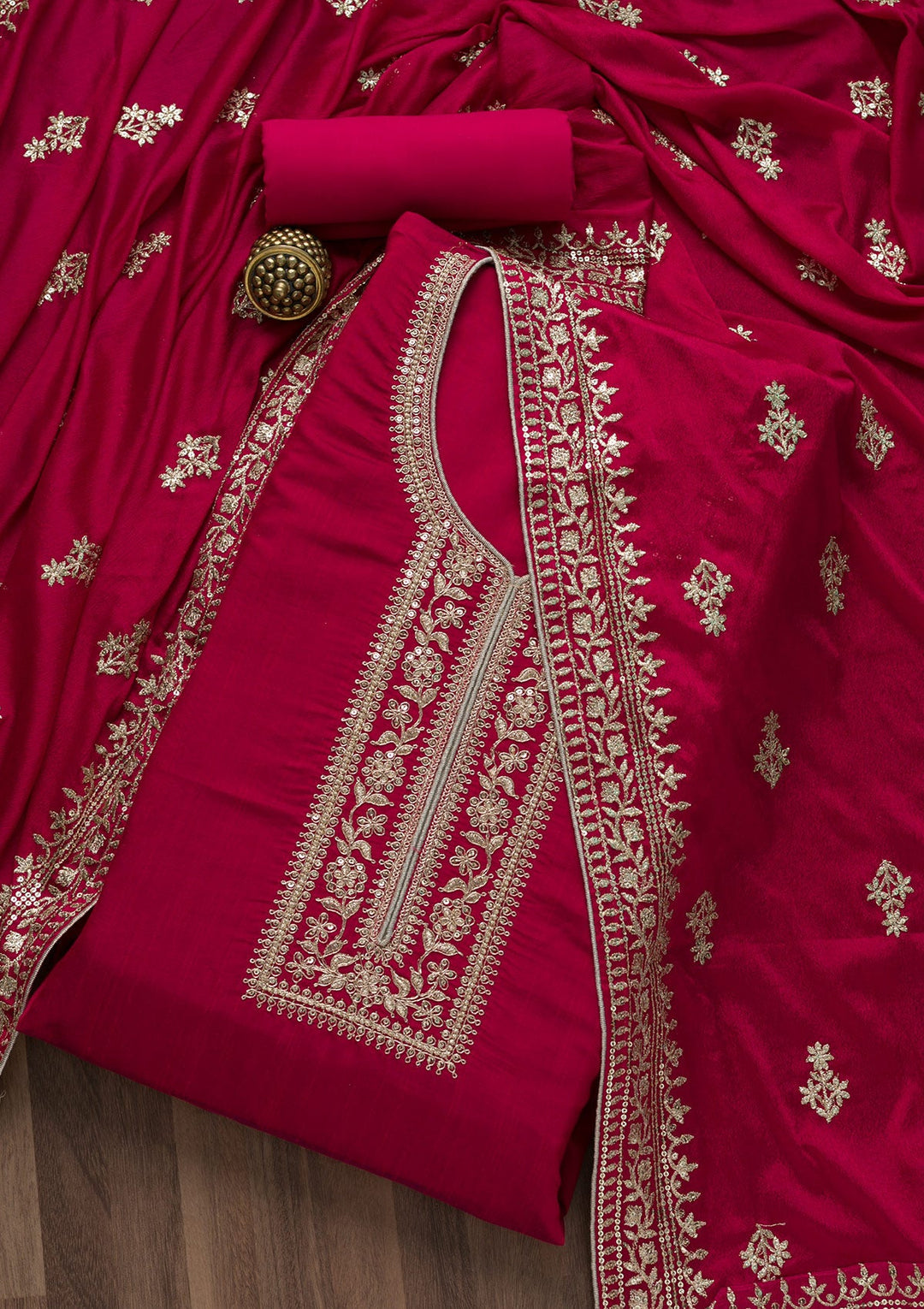 Rani Pink Zariwork Art Silk Semi-Stitched Salwar Suit-Koskii