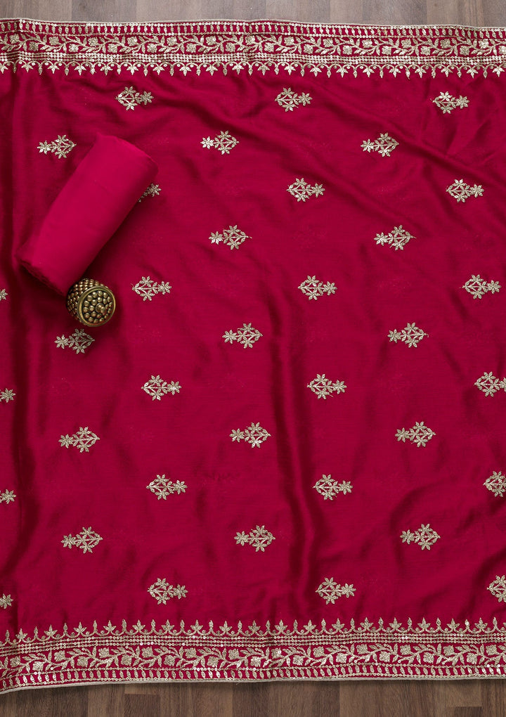 Rani Pink Zariwork Art Silk Semi-Stitched Salwar Suit-Koskii