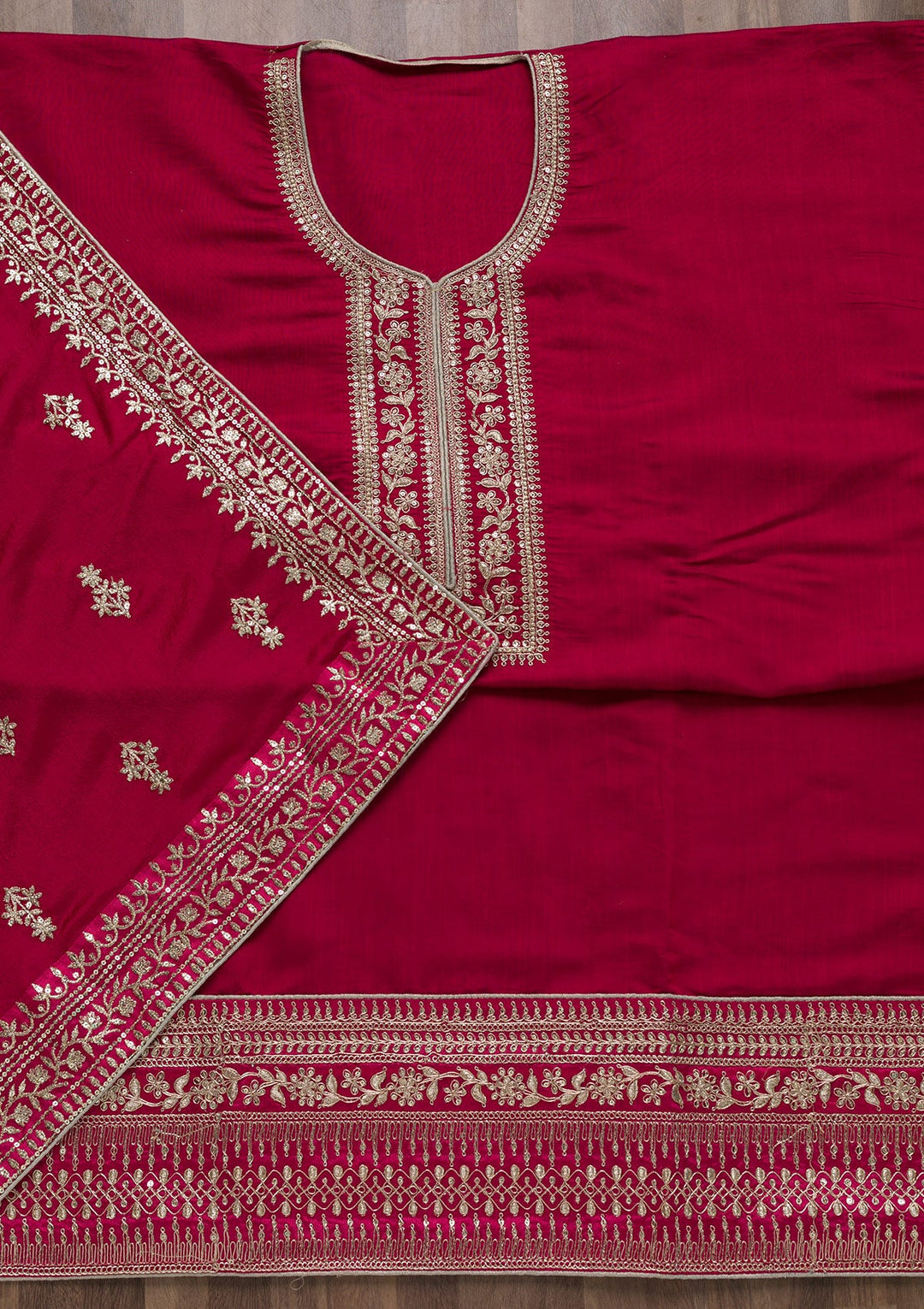 Rani Pink Zariwork Art Silk Semi-Stitched Salwar Suit-Koskii