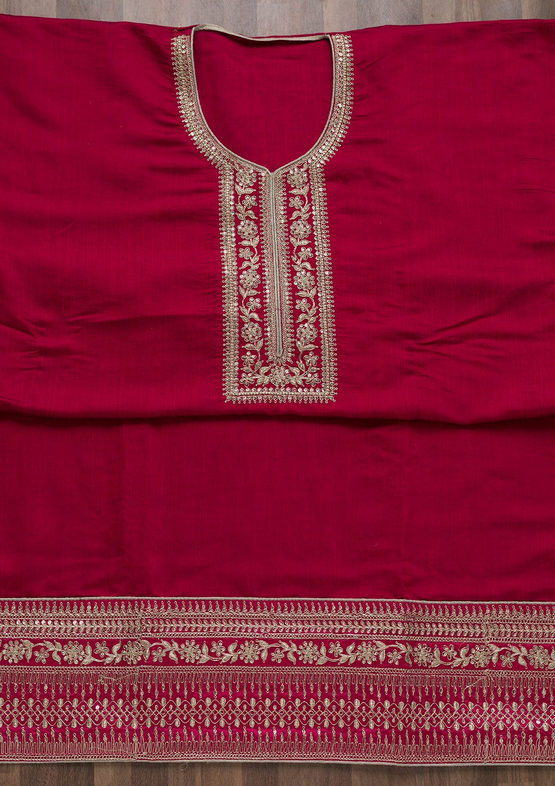Rani Pink Zariwork Art Silk Semi-Stitched Salwar Suit-Koskii