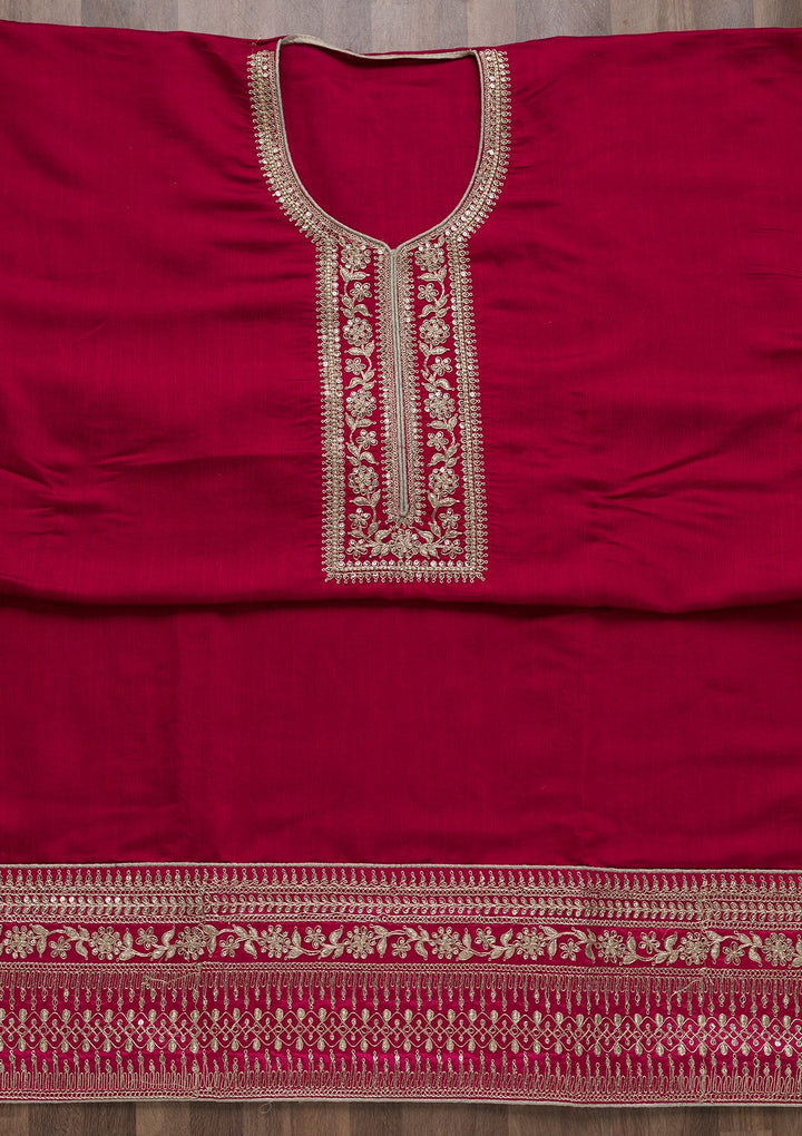 Rani Pink Zariwork Art Silk Semi-Stitched Salwar Suit-Koskii