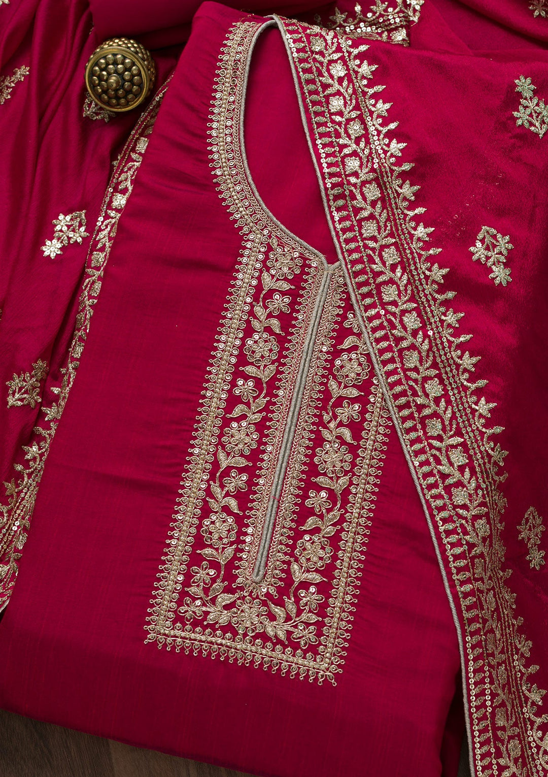 Rani Pink Zariwork Art Silk Semi-Stitched Salwar Suit-Koskii