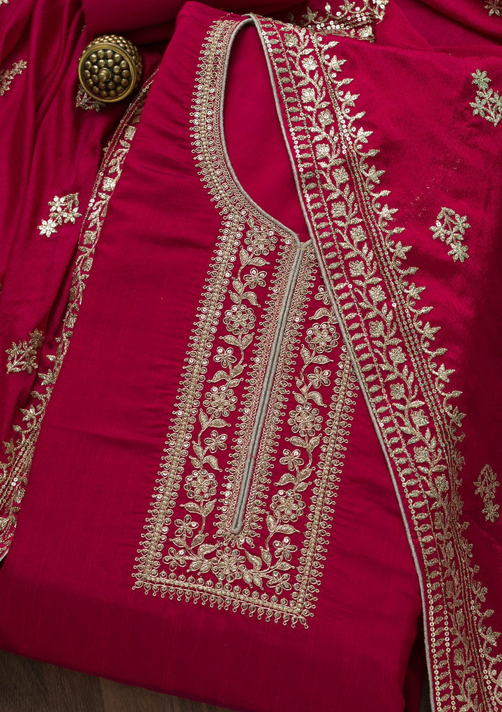 Rani Pink Zariwork Art Silk Semi-Stitched Salwar Suit-Koskii