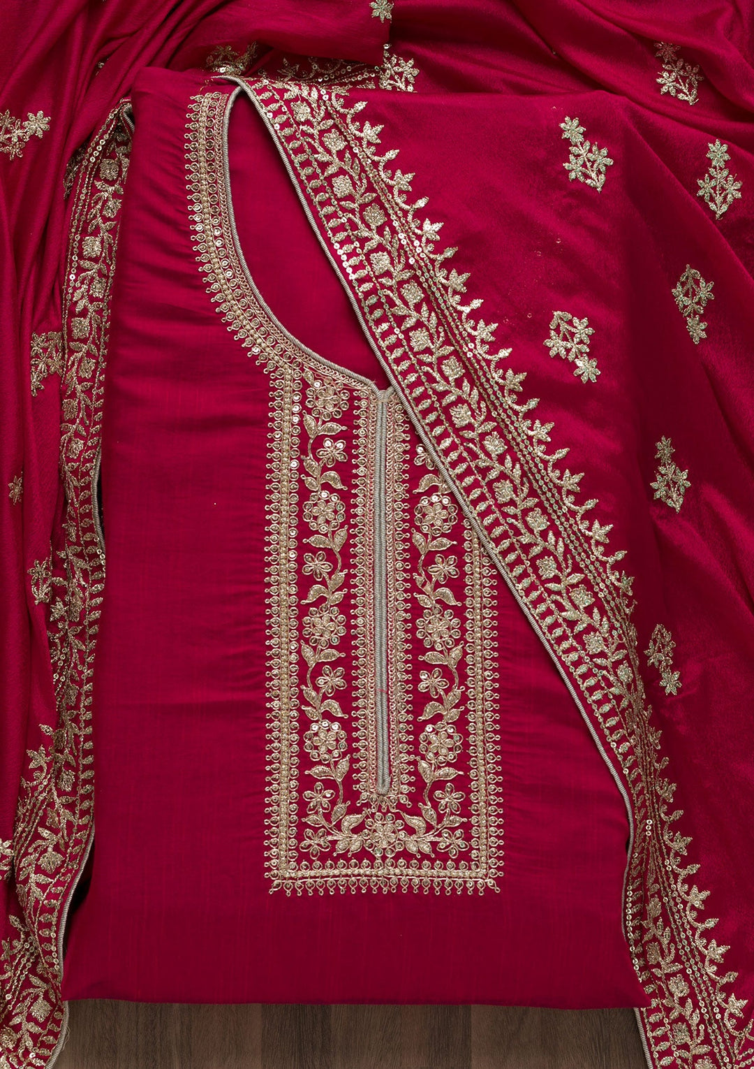 Rani Pink Zariwork Art Silk Semi-Stitched Salwar Suit-Koskii