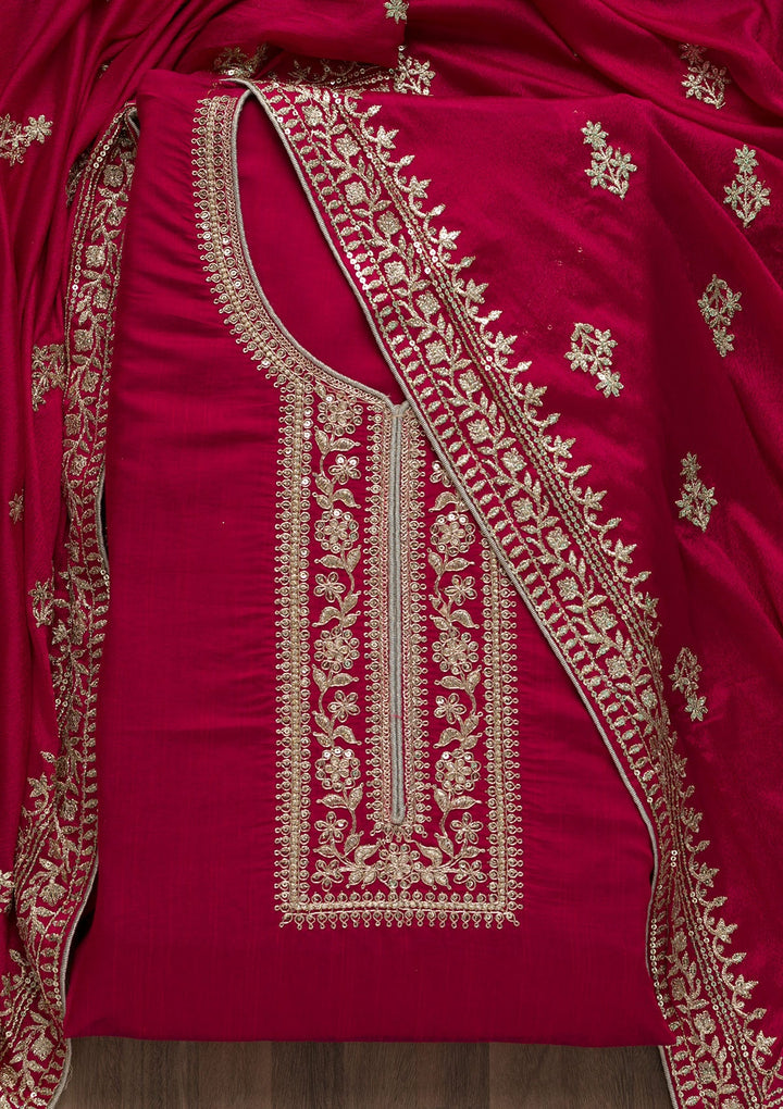 Rani Pink Zariwork Art Silk Semi-Stitched Salwar Suit-Koskii