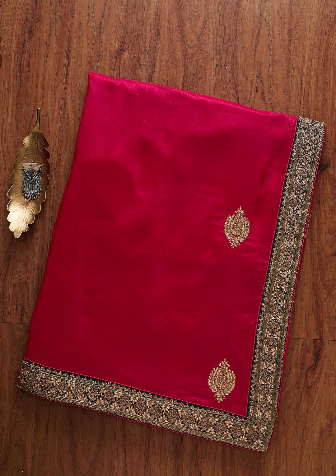 Rani Pink Zariwork Art Silk Designer Saree - koskii