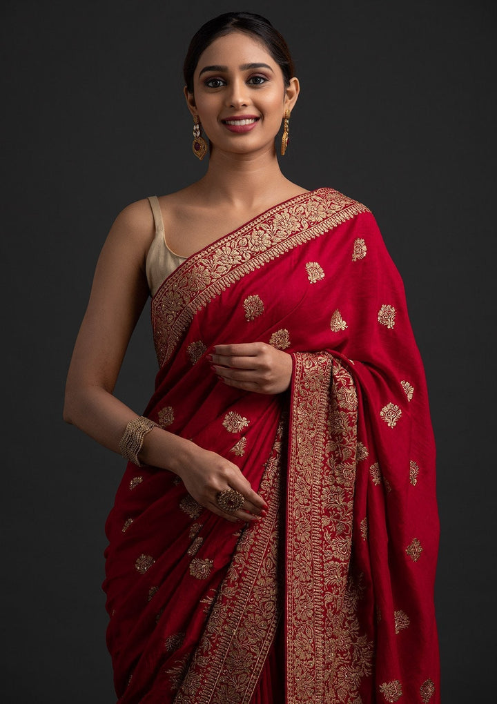 Rani Pink Zariwork Art Silk Designer Saree - koskii