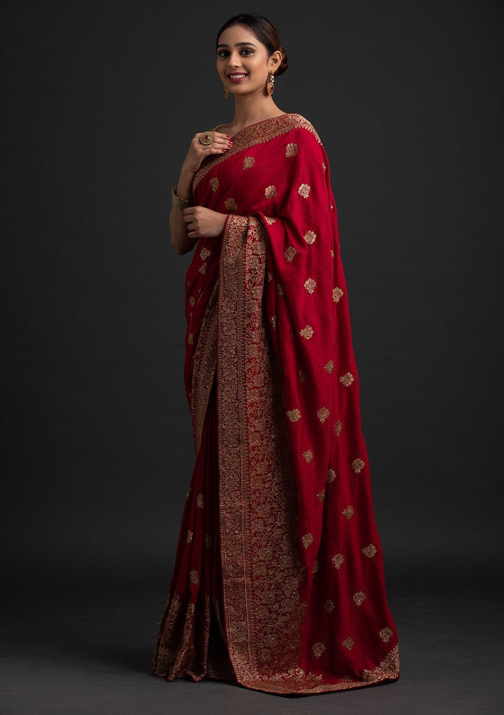 Rani Pink Zariwork Art Silk Designer Saree - koskii