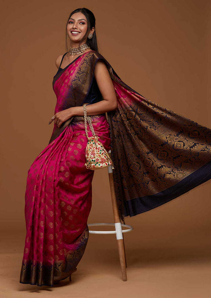 Rani Pink Zariwork Art Silk Saree-Koskii