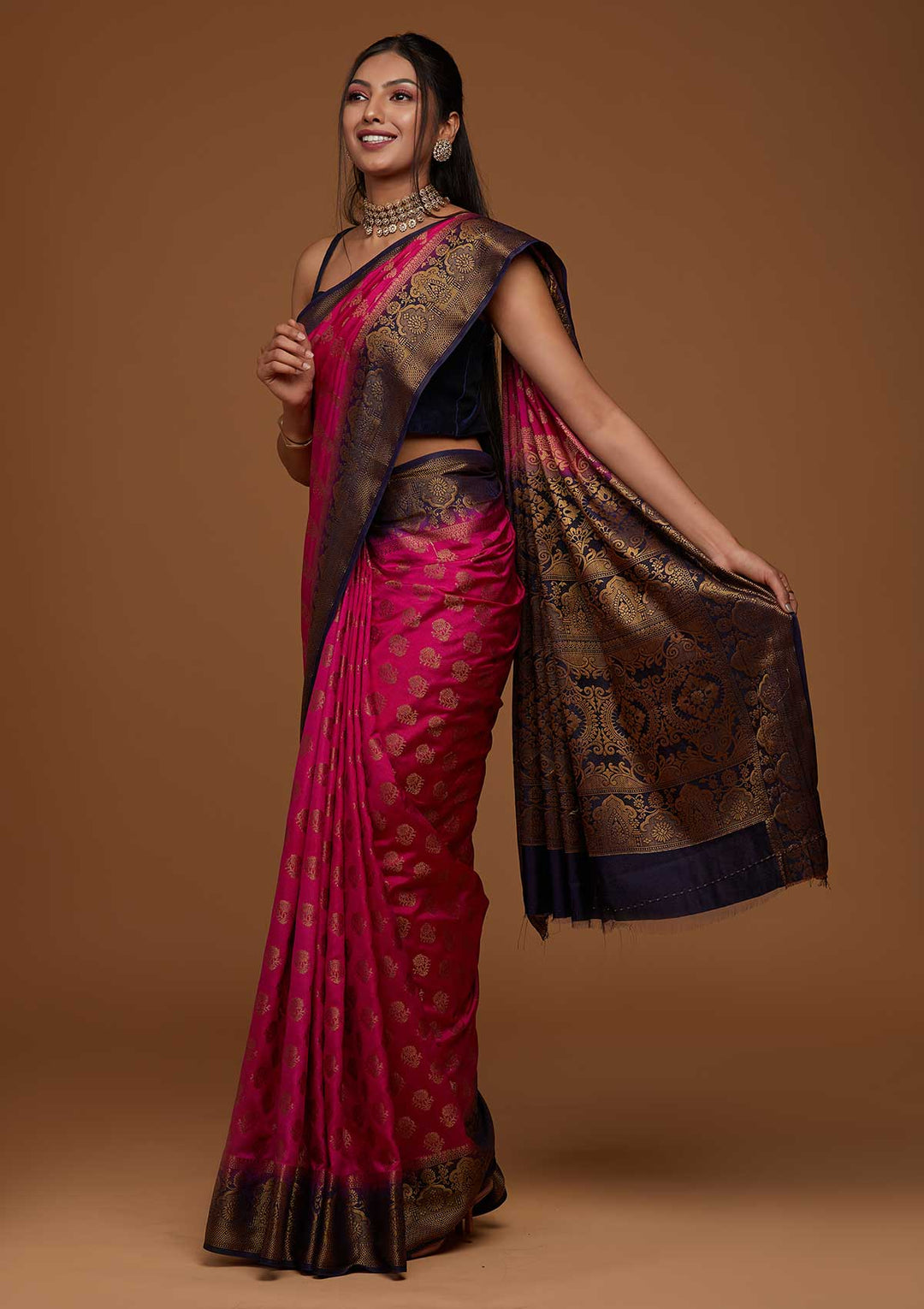 Rani Pink Zariwork Art Silk Saree-Koskii