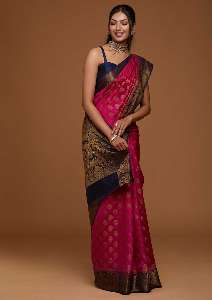 Rani Pink Zariwork Art Silk Saree-Koskii