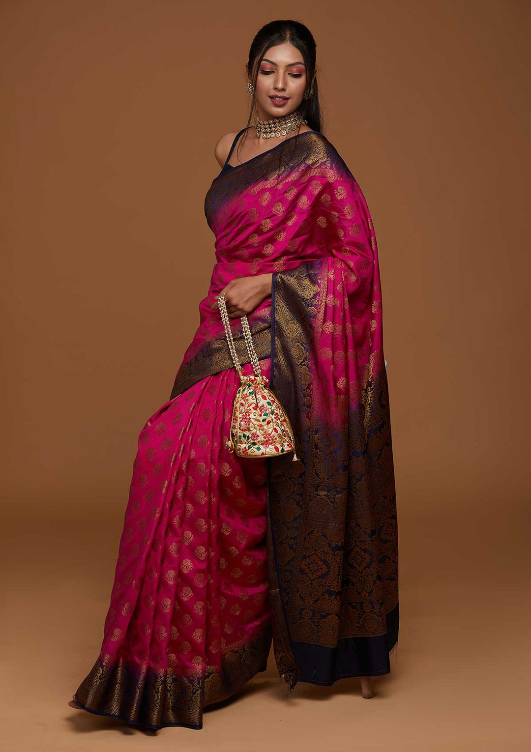 Rani Pink Zariwork Art Silk Saree-Koskii