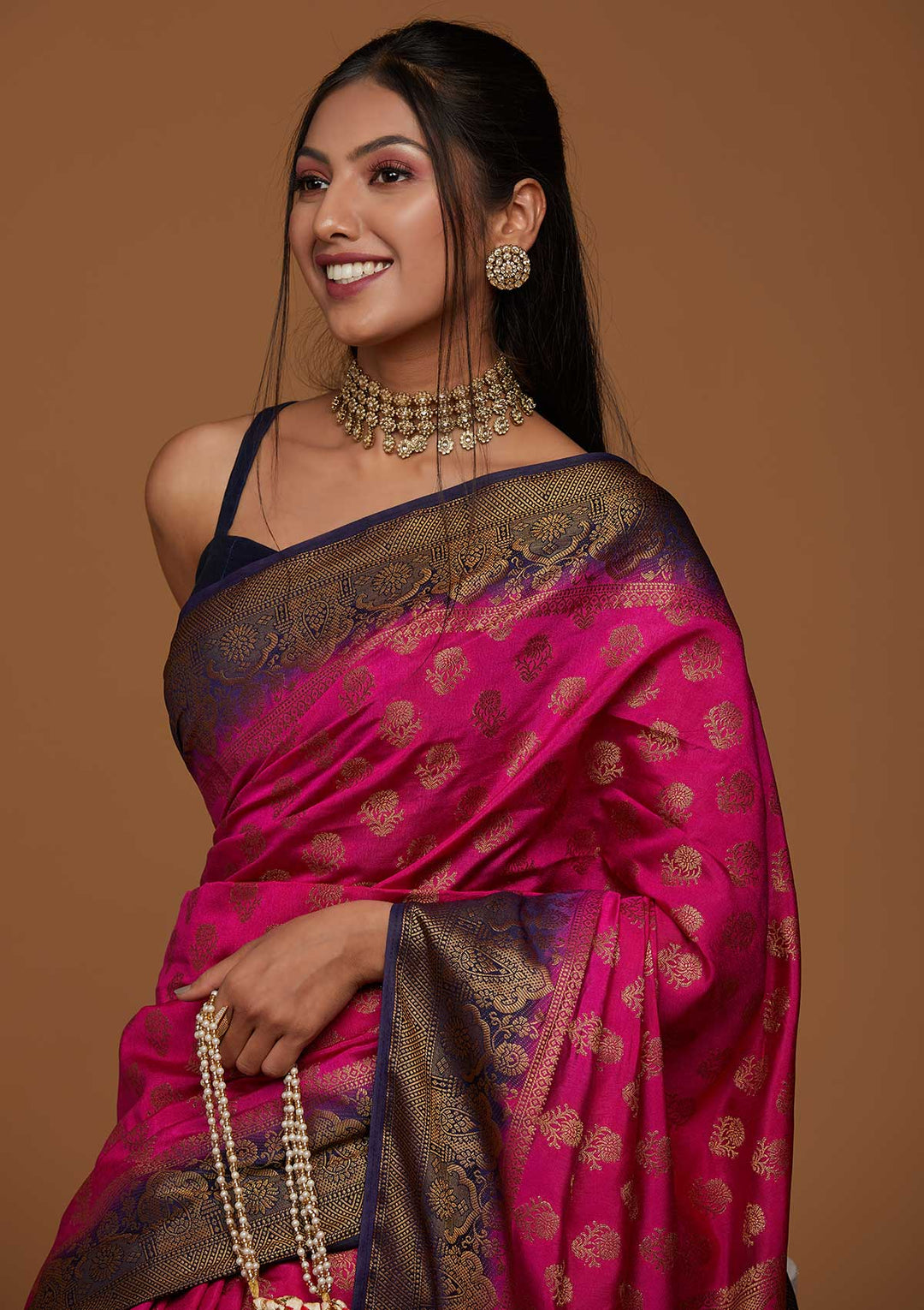 Rani Pink Zariwork Art Silk Saree-Koskii
