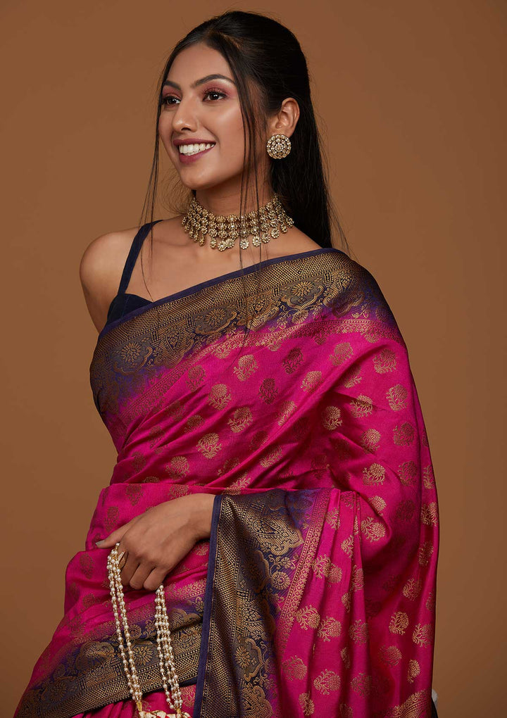 Rani Pink Zariwork Art Silk Saree-Koskii